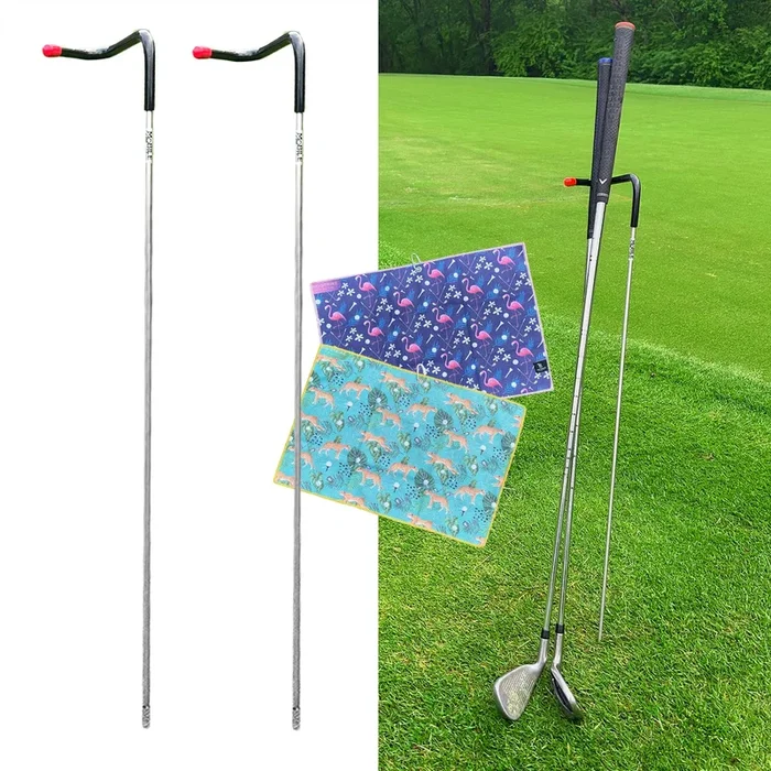 2 Pack V-Shaped Golf Club Stand With Golf Towels Set of 2 Keeps Your Clubs Clean, Dry & Visible, V-Stick Club Stand Made of Highly Durable Stainless Steel – Easy to Carry Golf Club Holder