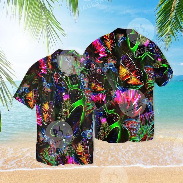 Colorful Neon Butterflies 3D Full Print Hawaiian Shirt Shirt – For Men and Women – Fanshubus – Fanshubus.com