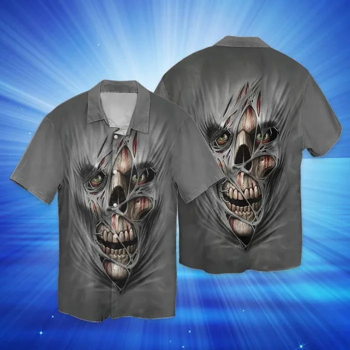 Creepy Skull Halloween Cool 3D Full Print Hawaiian Shirt Shirt – For Men and Women – Fanshubus – Fanshubus.com
