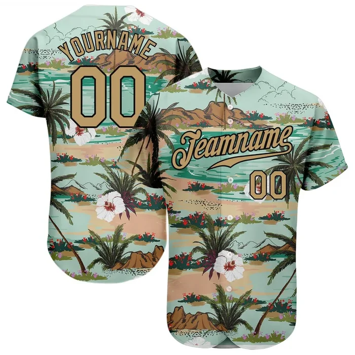 Custom Aqua Old Gold-Black 3D Pattern Design Hawaii Palm Trees And Flowers Authentic Baseball Jersey – Fanshubus.com
