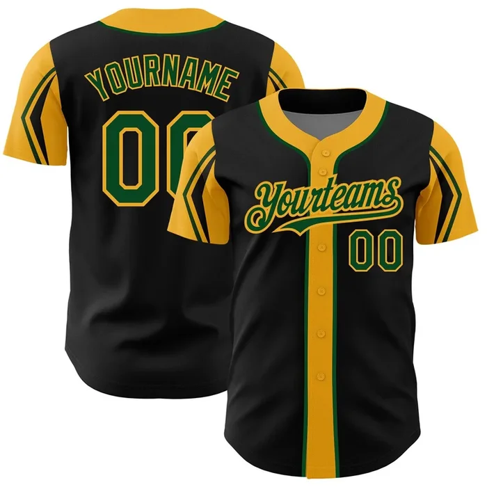 Custom Black Green-Gold 3 Colors Arm Shapes Authentic Baseball Jersey – Fanshubus.com
