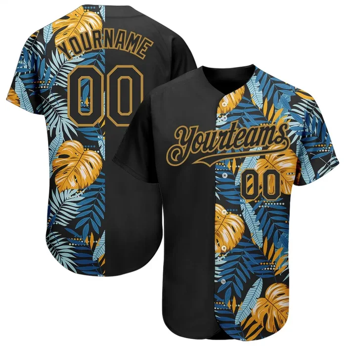 Custom Black Old Gold 3D Pattern Design Hawaii Tropical Leaves Authentic Baseball Jersey – Fanshubus.com