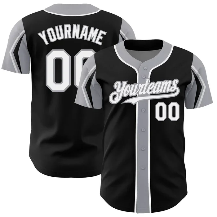 Custom Black White-Gray 3 Colors Arm Shapes Authentic Baseball Jersey – Fanshubus.com
