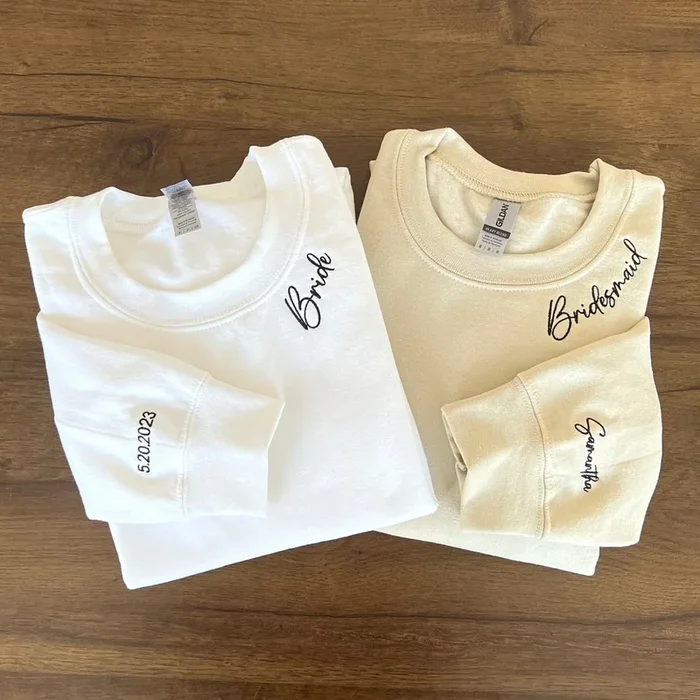 Custom Bridesmaid Embroidered Sweatshirt, Date On Sleeve, Bride On Neckline, Personalized Bachelorette Party Hoodie, Bridesmaid Gift – Fanshubus.com