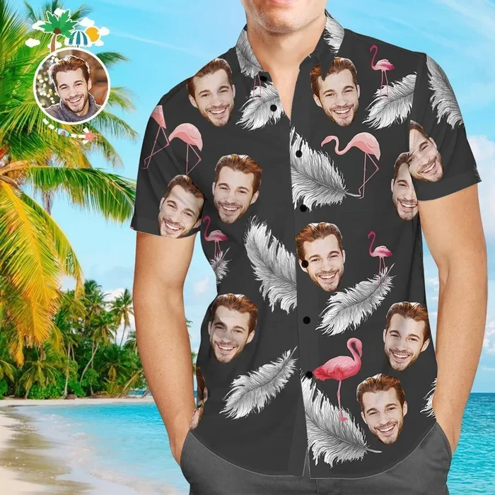 Custom Face Hawaiian Shirt Black Feather Personalized Tee for Husband – Fanshubus.com