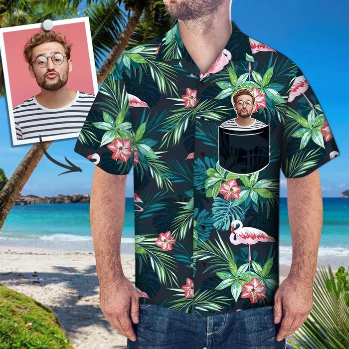 Custom Face Hawaiian Shirt Personalized Photo Fake Pocket Shirt Green Leaf- For men and women – Fanshubus – Fanshubus.com