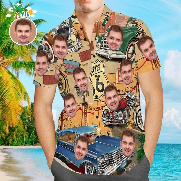 Custom Face Hawaiian Shirt Vintage Route 66 Aloha Beach Shirt Gift for Him – For men and women – Fanshubus – Fanshubus.com