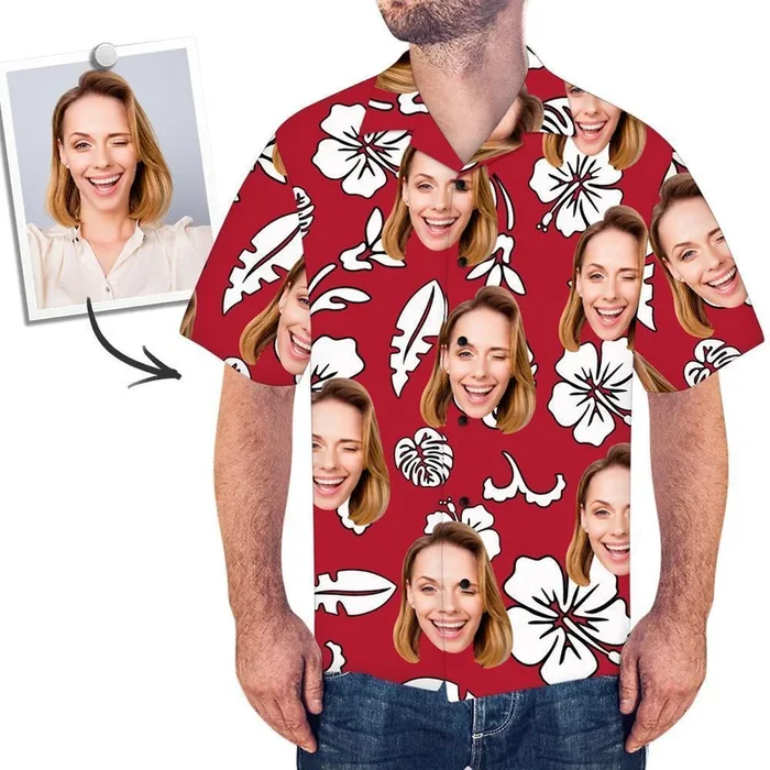 Custom Face Red Hawaiian Shirt Flowers And Leaves – For Men and Women – Fanshubus – Fanshubus.com