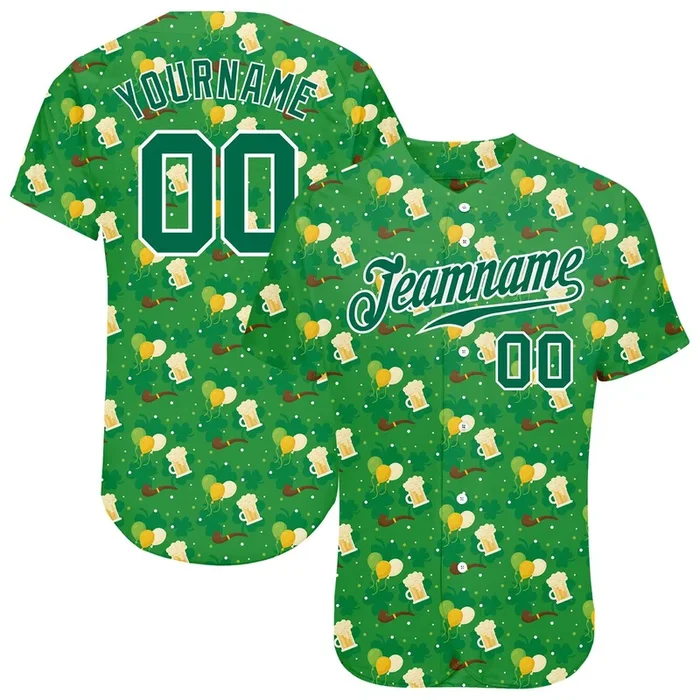 Custom Kelly Green Kelly Green-White 3D Pattern Design Authentic St. Patrick’s Day Baseball Jersey – Fanshubus.com