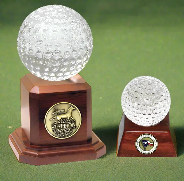 Custom Logo Crystal & Rosewood Golf Ball Trophy