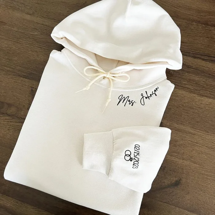 Custom Mrs. Embroidered Hoodie, Date and Rings On Sleeve, Name On Neckline, Personalized Wife Sweatshirt, Future Mrs, Bride To Be – Fanshubus.com