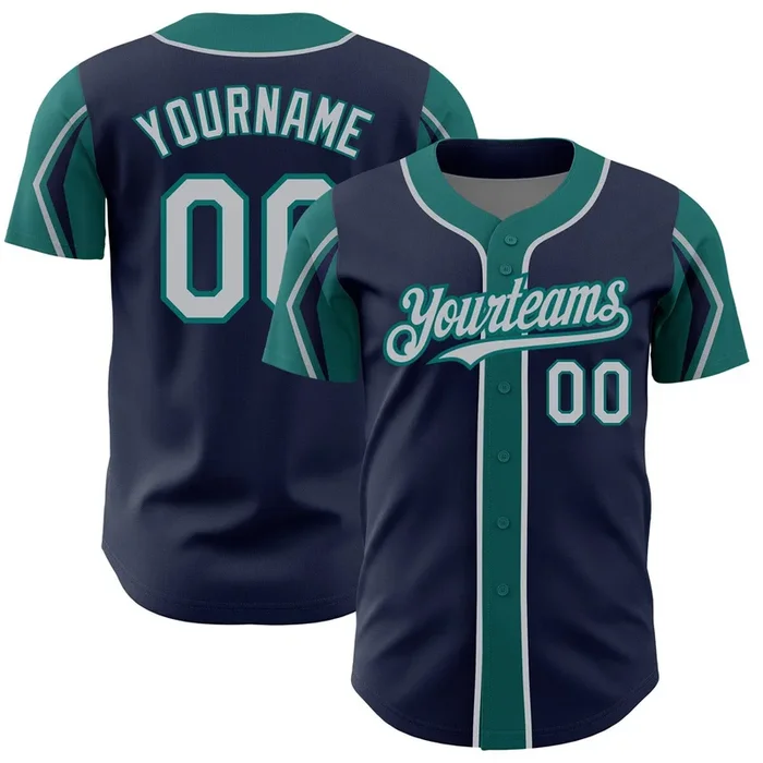Custom Navy Gray-Teal 3 Colors Arm Shapes Authentic Baseball Jersey – Fanshubus.com