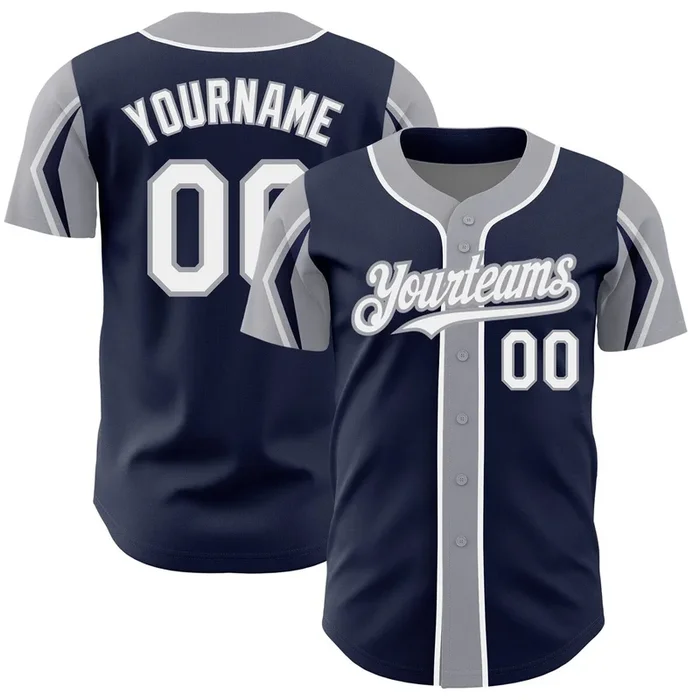 Custom Navy White-Gray 3 Colors Arm Shapes Authentic Baseball Jersey – Fanshubus.com