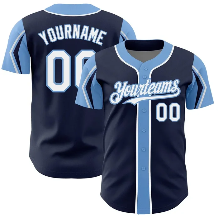 Custom Navy White-Light Blue 3 Colors Arm Shapes Authentic Baseball Jersey – Fanshubus.com