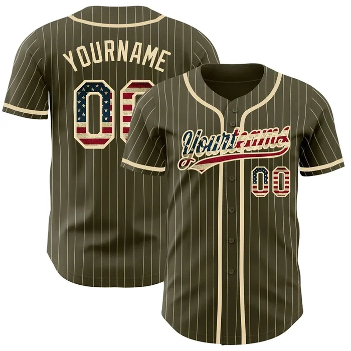 Custom Olive City Cream Pinstripe Vintage USA Flag Authentic Salute To Service Baseball Jersey – Fanshubus.com