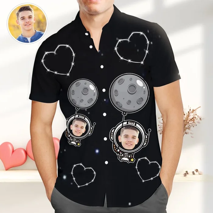Custom Photo Hawaiian Shirt for Men – Funky Astronaut Casual Button-Down Shirt with Ballon – For men and women – Fanshubus – Fanshubus.com