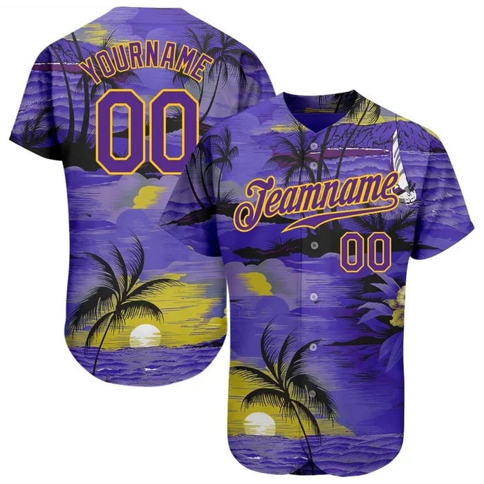Custom Purple Yellow 3D Pattern Design Sun Beach Hawaii Palm Trees Authentic Baseball Jersey – Fanshubus.com