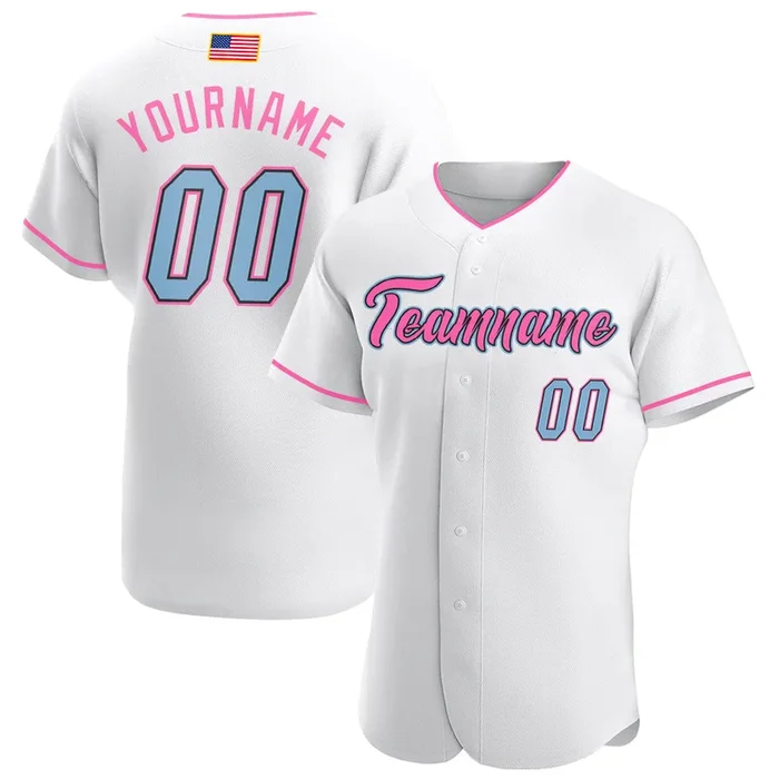 Custom White Light Blue-Pink Authentic American Flag Fashion Baseball Jersey – Fanshubus.com