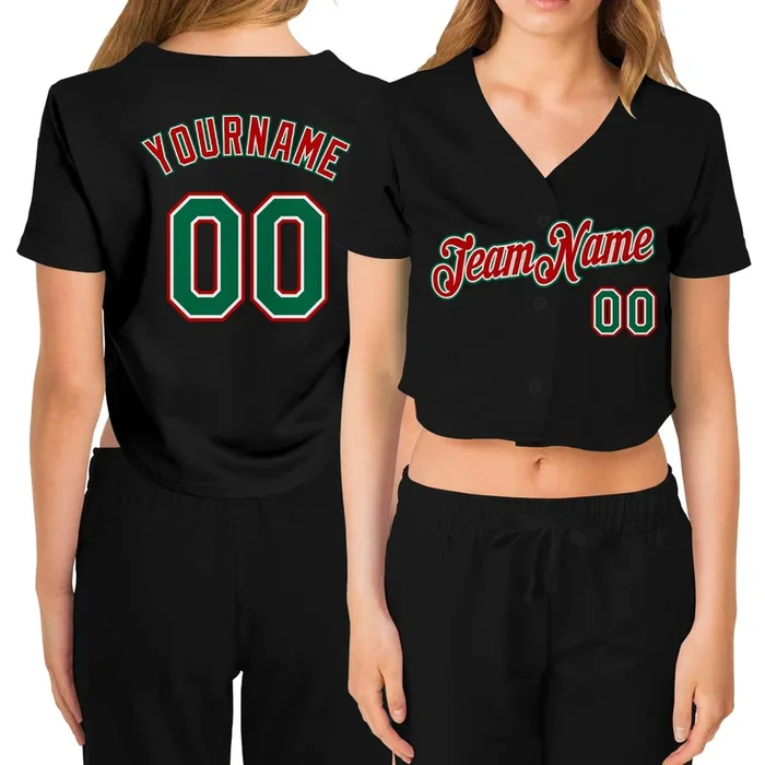 Custom Women’s Black Kelly Green Red-White V-Neck Cropped Baseball Jersey – Fanshubus.com