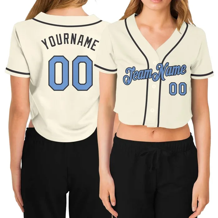 Custom Women’s Cream Light Blue-Steel Gray V-Neck Cropped Baseball Jersey – Fanshubus.com