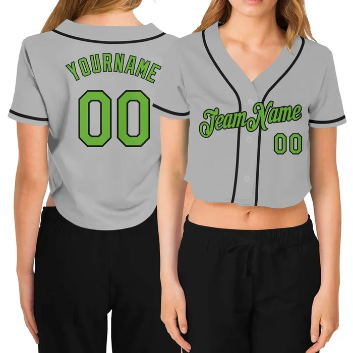 Custom Women’s Gray Neon Green-Black V-Neck Cropped Baseball Jersey – Fanshubus.com