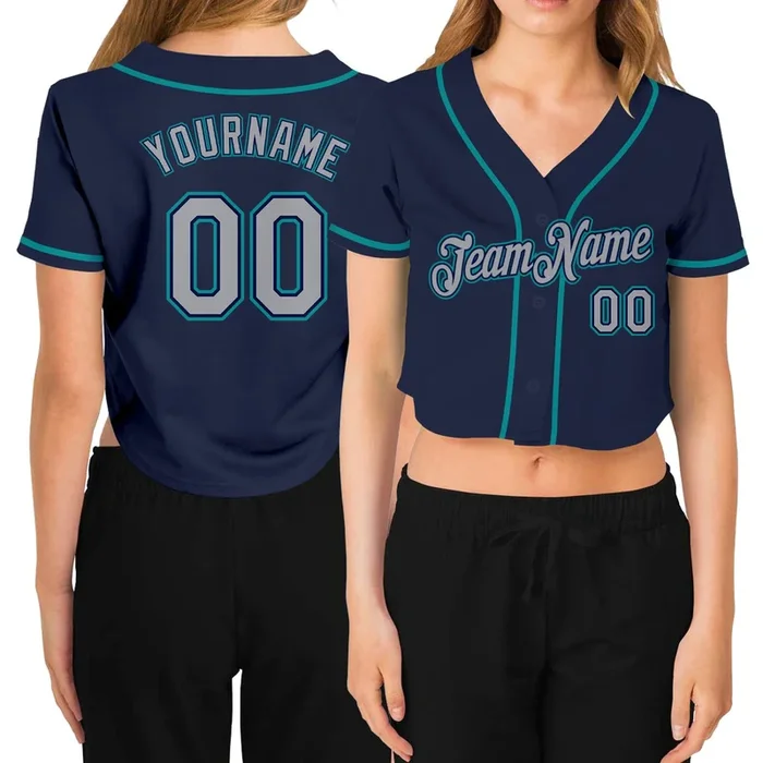 Custom Women’s Navy Gray-Aqua V-Neck Cropped Baseball Jersey – Fanshubus.com