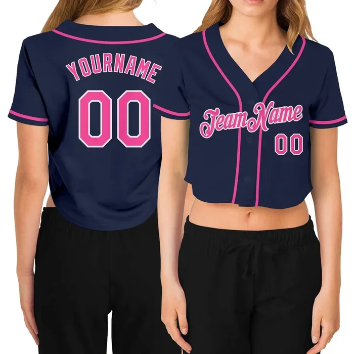 Custom Women’s Navy Pink-White V-Neck Cropped Baseball Jersey – Fanshubus.com