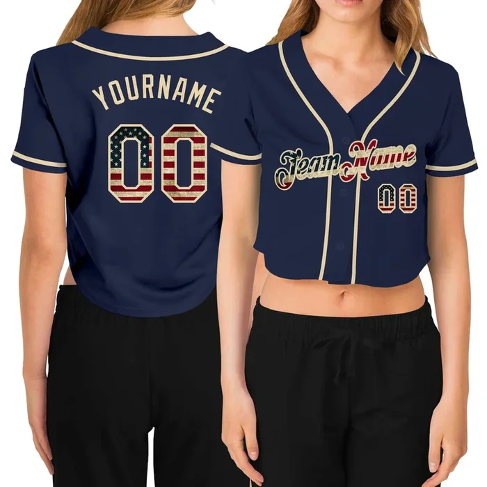 Custom Women’s Navy Vintage USA Flag-Cream V-Neck Cropped Baseball Jersey – Fanshubus.com