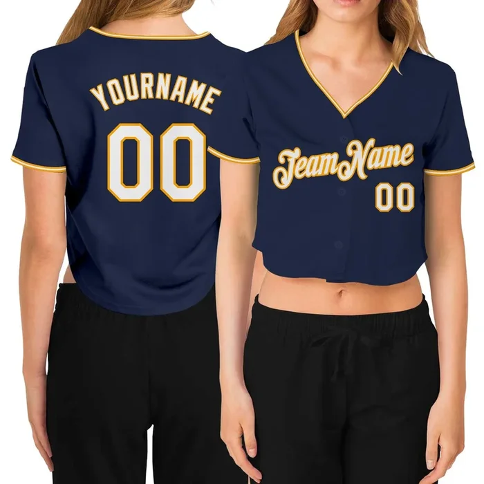 Custom Women’s Navy White-Gold V-Neck Cropped Baseball Jersey – Fanshubus.com