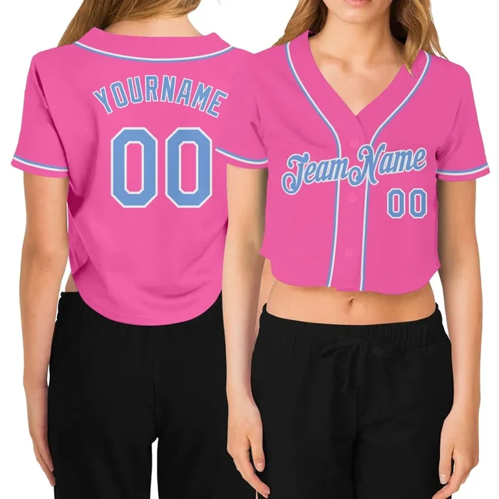 Custom Women’s Pink Light Blue-White V-Neck Cropped Baseball Jersey – Fanshubus.com