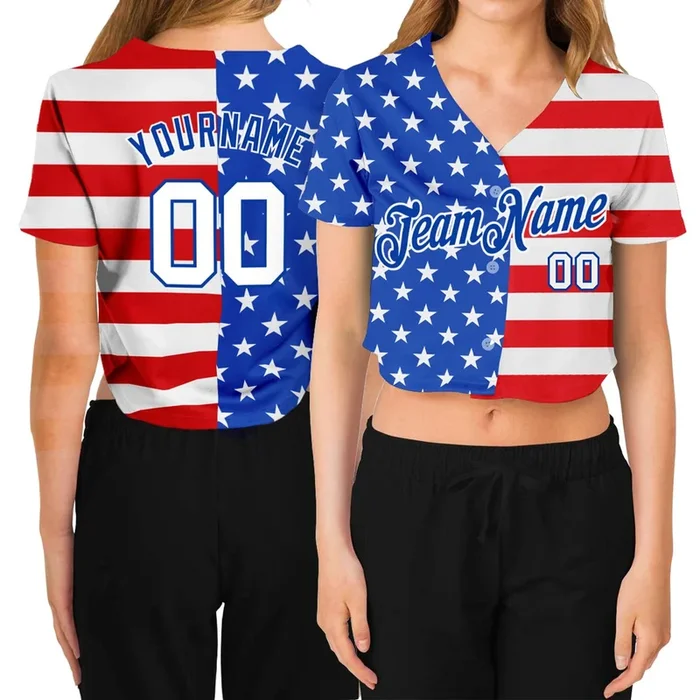 Custom Women’s Royal White-Red American Flag Fashion 3D V-Neck Cropped Baseball Jersey – Fanshubus.com
