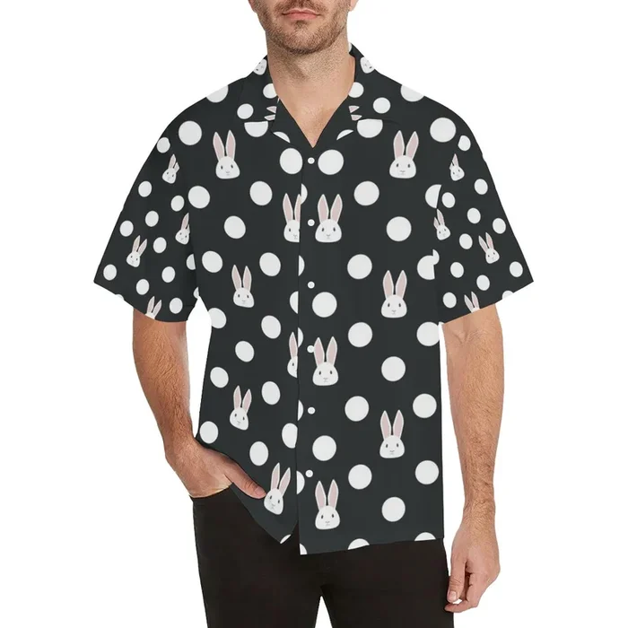 Cute white rabbit polka dots black background Men’s All Over Print Hawaiian Shirt- For men and women – Fanshubus – Fanshubus.com