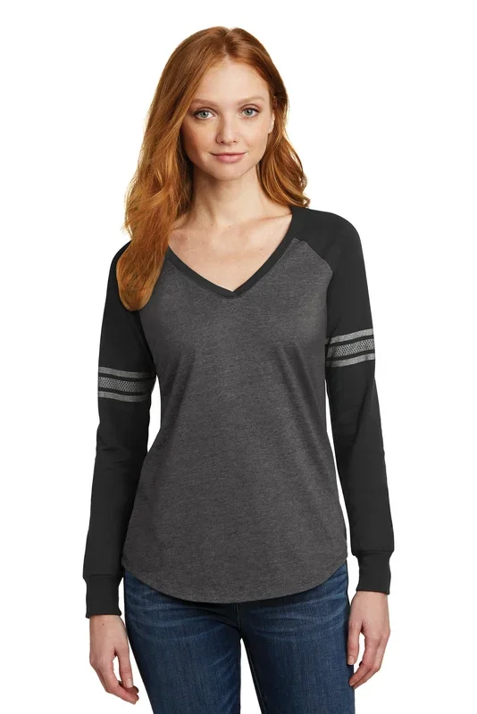 District Women’s Game Long Sleeve V-Neck Tee. DM477
