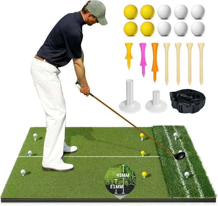 Dual Turf Golf Mat – 5 x 4 ft Hitting Mat with Alignment Lines, 9 Tees & Balls Accessories for Swing, Chipping, Putting