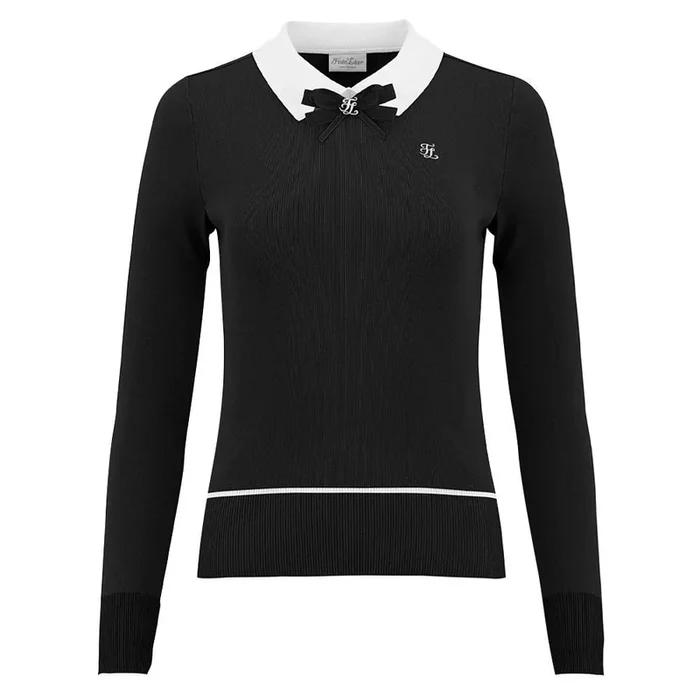 Fairliar Ribbon Collar Point Knit Golf Polo Black – 23 Women