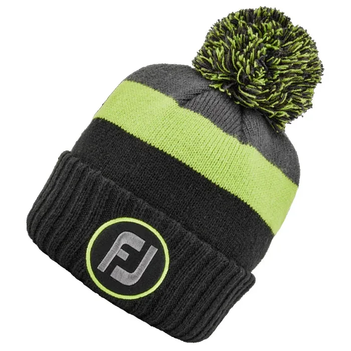 FootJoy FJ Bobble Beanie Hat – Black/Lime/Charcoal