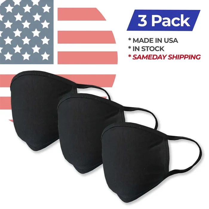 Golfio – Washable Black Fashion Double Layer Fabric Face Mask – 3 Pack Made in USA