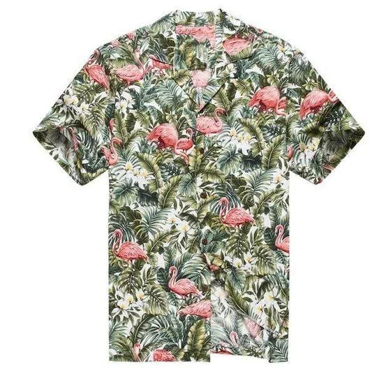 Hawaii Shirt Hawaiian Shirt Aloha Shirt Flamingo In Rain Forest Jungle White- For men and women – Fanshubus – Fanshubus.com
