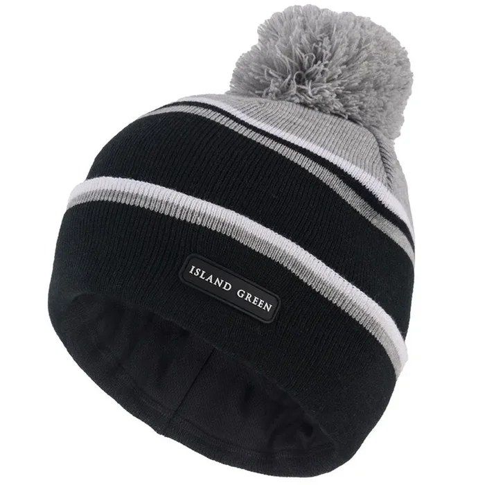 Island Green Knitted Bobble Hat With Inner Band And Pompom – Black/Charcoal