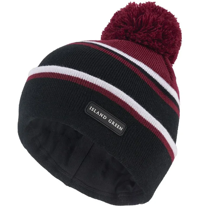 Island Green Knitted Bobble Hat With Inner Band And Pompom – Black/Deep Red