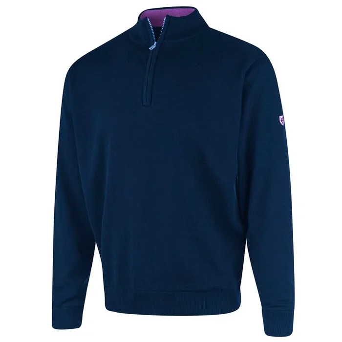 Island Green Lined Knitted Sweater With Pop Zip – Navy