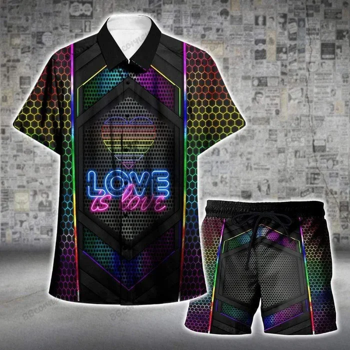 LGBT+ Pride Loves Love Neon Aloha Hawaiian Shirts Swim Trunks Beach Shorts- For men and women – Fanshubus – Fanshubus.com