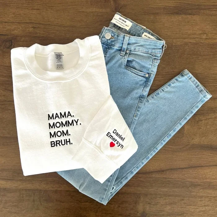 Mama Mommy Mom Bruh Sweatshirt, Embroidered Custom Mama Shirt With Kids Names, Heart On Sleeve, Motherhood Hoodie, Mother’s Day Gift – Fanshubus.com