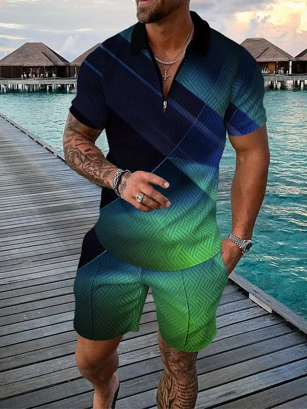 Men’s Fashion Printed Zip Polo Shirt and Shorts Two-Piece Suits – Fanshubus.com