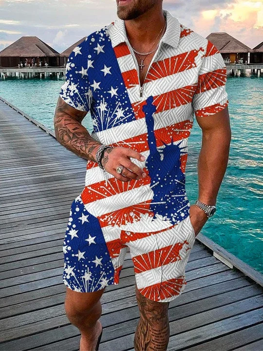 Men’s Flag Printed Zip Polo Shirt and Shorts Two-Piece Suits – Fanshubus.com
