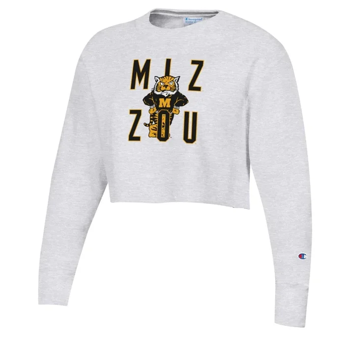Mizzou Tigers 2025 Champion® TAM Student Designed Cropped Reverse Weave Women’s Stacked MIZ ZOU Vault Sweater Tiger Crew Sweatshirt