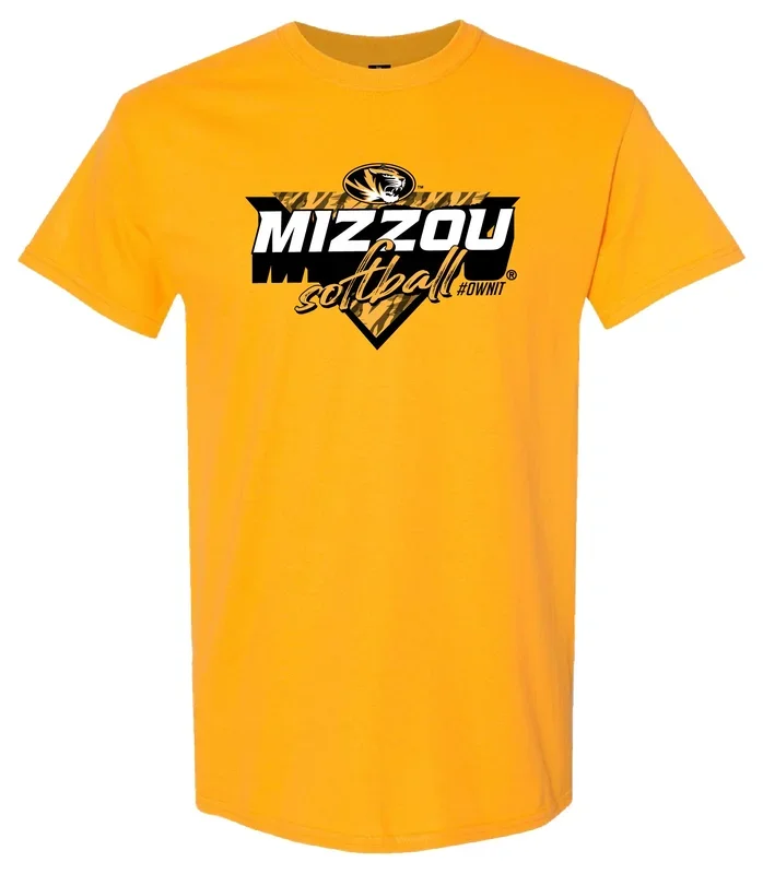 Mizzou Tigers Softball Tiger Stripe #OWNIT Mound Oval Tiger Head Gold T-Shirt