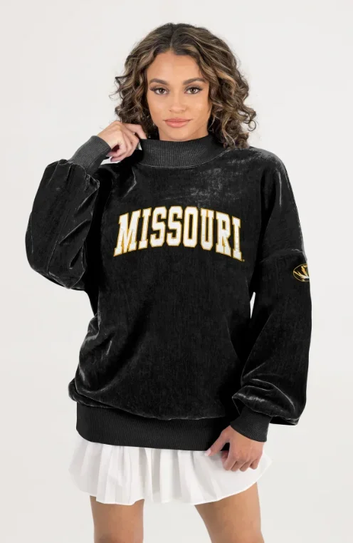 Mizzou Tigers Women’s Gameday Couture Funnel Mock Neck Oval Tiger Head Chenille Black Sweatshirt