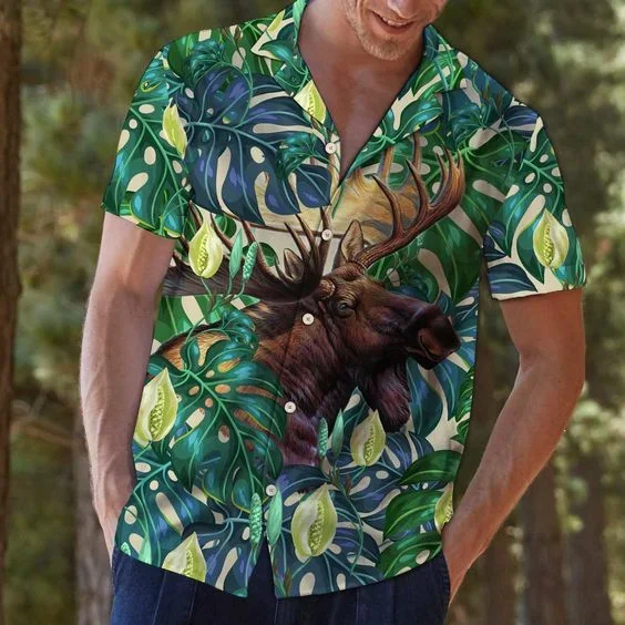 Moose Tropical Leaves Hawaiian Shirt- For men and women – Fanshubus – Fanshubus.com