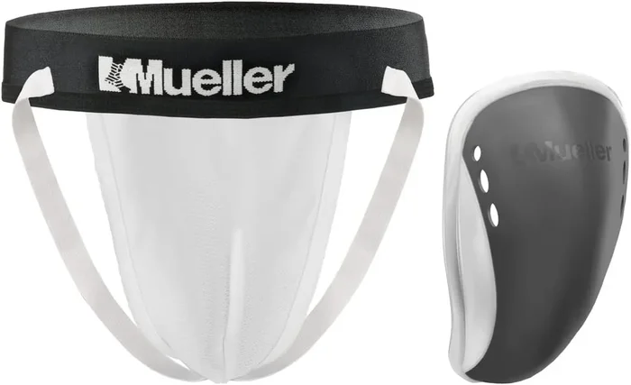 Mueller Adult Athletic Supporter w/ Flex Shield Cup – White/Gray – Medium